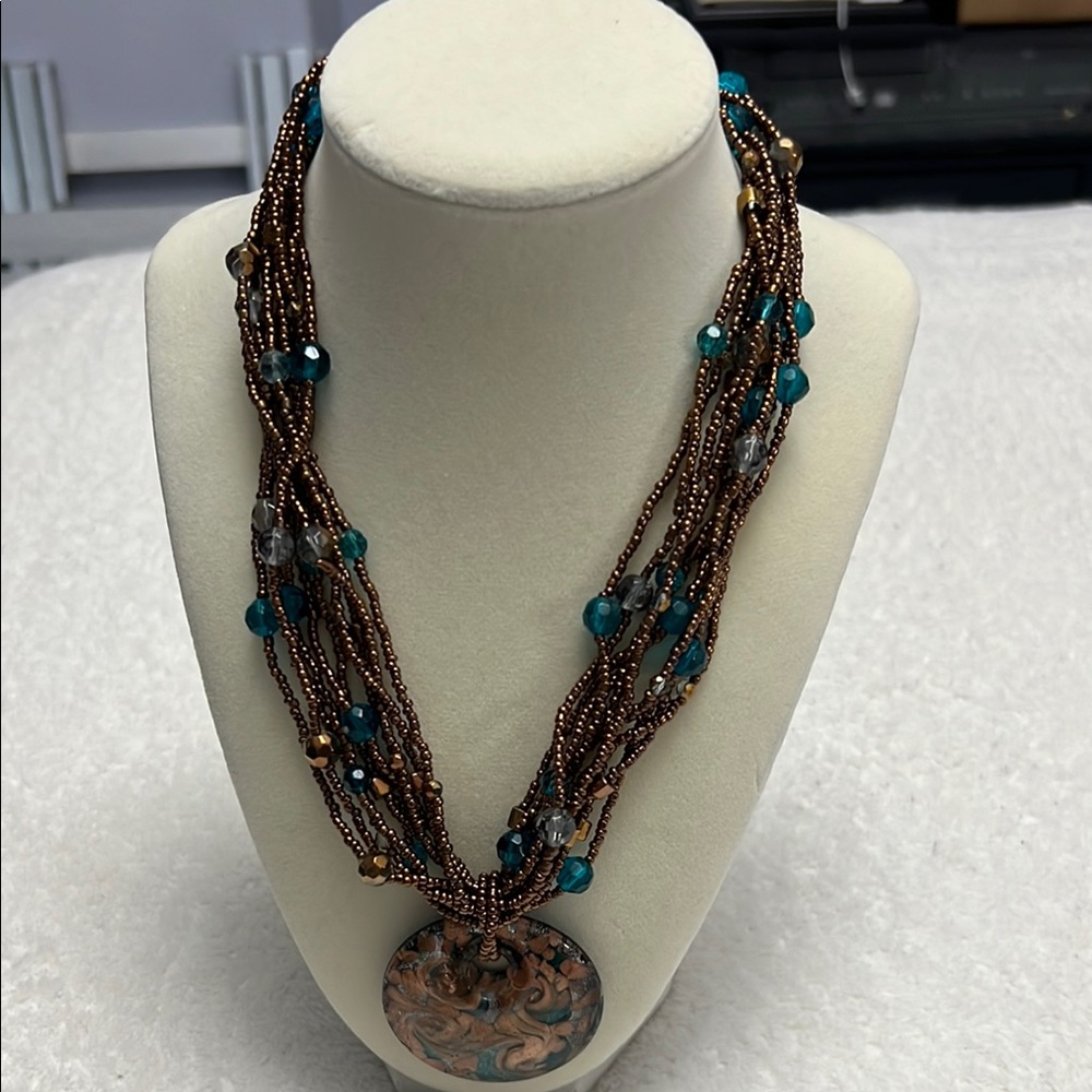Multi Strand Necklace, Bronze Beads, Pendant Bronze/Turquoise Sparkle Swirl